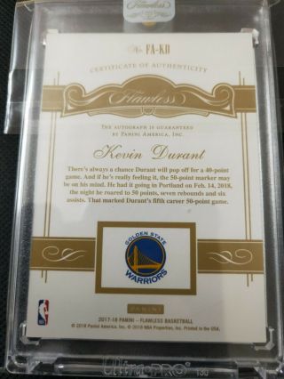 2017 - 18 Panini Flawless Kevin Durant On Card Auto Autograph 21/25 Warriors MVP 3