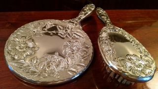 Art Nouveau Primrose Hand Mirror Brush Vanity Set Repousse Silver Plate