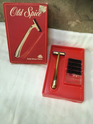 Vintage 1985 Old Spice Solid Brass Razor Handle W/original Twin Blades