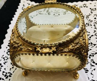 Vanity Box Gold Gilt Filigree Beveled Glass Jewelry Casket Hollywood Matson?