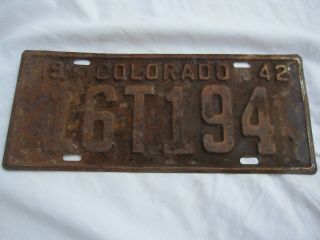 Vintage License Plate,  Colorado 1942,  16t194,  Rusty Front