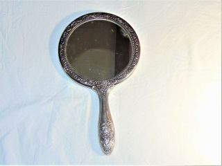 Vintage Ornate Silver Hand Held Vanity Mirror Metal Only Heavy Art Nouveau