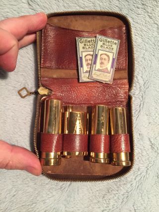 Vintage Gillette Travel Safety Razor Travel Shaving Kit W/ Case Gold Blades