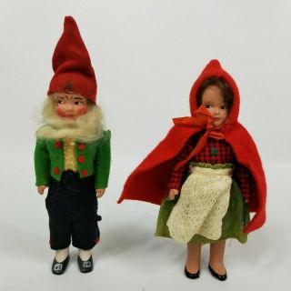 2 Vintage Boy And Girl Dolls,  Red Hat Elf & Red Cape W/ Hood Girl
