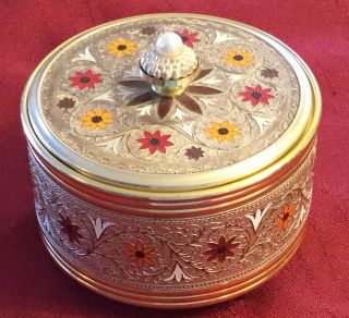 Norleans Japan Powder Music Box W/lid Floral Design Gold Trim Powder Puff Sifter