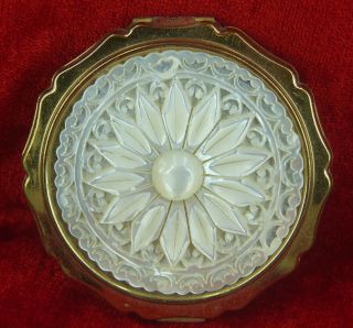 Stratton Flower Carved Design Mother Of Pearl Shell Powder Compact
