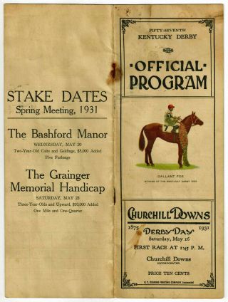 Twenty Grand In Scarce 1931 Kentucky Derby Horse Racing Program