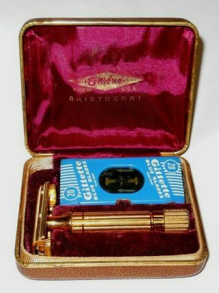 Vintage Gold Tone Gillette Aristocrat Safety Razor W/case & Blade Dispenser