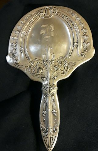 Heavy Vtg Antique Silver Plated Ornate Vanity Hand Mirror 10,  " Rare