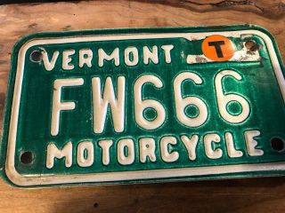 Authentic Vermont,  Vt Motorcycle License Plate,  Tag Fw666 Temp Tag Sign Of Devil