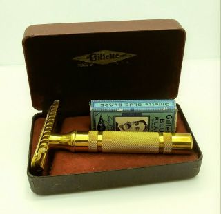 Vintage Gillette Gold Tech Razor W/ Case & Blades Awesome
