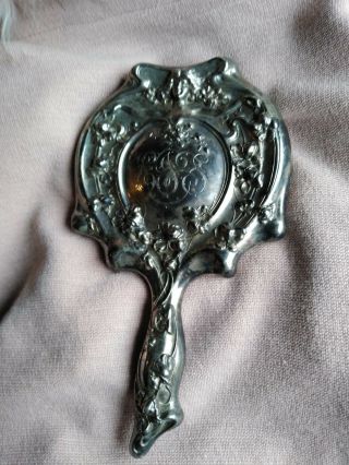 Great Art Nouveau Silver Plated Hand Mirror Flowing Repousee Flowers And Maiden