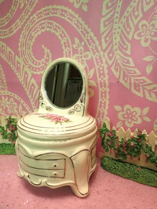 Vtg Artmark Vanity Trinket Dresser Box W Pink Roses Mirrored Top Gold Trim