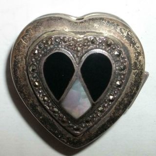Vintage Heart Pill Box / 925 Sterling Silver / Onyx / Mop Shell / Marcasites
