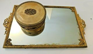 Antique Gold Filigree Vanity Dresser Set Tray Mirror & Powder Bowl.