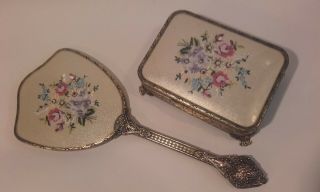 Two Antique,  Vintage Filigree Dressing Table Box & Hand Mirror / Petit Point