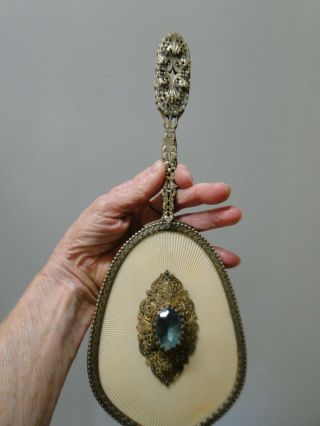 Antique Victorian Ornate Gold Filigree Hand Held Beveled Mirror Aqua Stone