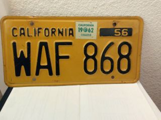 Vintage 1956 California License Plate - Yellow With Black Letters - Very