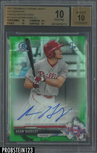 2017 Bowman Chrome Green Refractor Adam Haseley Rc Rookie Auto /99 Bgs 10