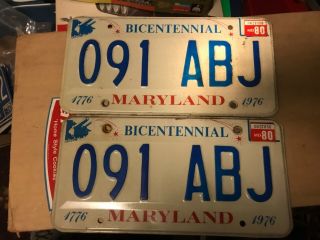 1976 Bicentennial Maryland License Plates 091 Abj Matching Pair