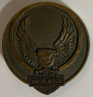 Vintage Solid Brass Harley Davidson Belt Buckle Eagle Wings Bar And Shield