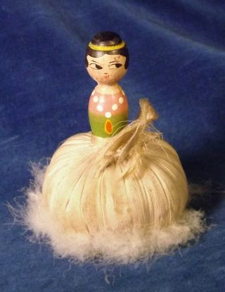 Unique Wood Vintage Powder Puff Half Doll Flapper 3 1/2 In
