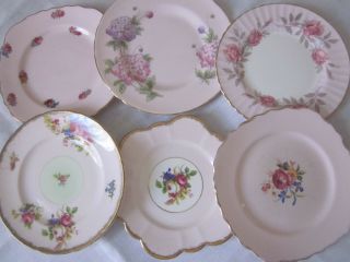 Six Pretty English Fine Bone China Tea Party Plates Pinks