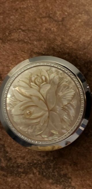 Vintage Powder Compact Mirror Carved Flower Mother Of Pearl Case Box Gold Silver