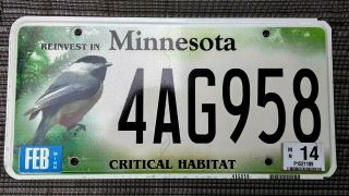 2014 Minnesota License Plate Tag 4ag958 Critical Habitat Chicadee