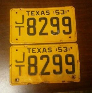 1953 Texas Passenger License Plate - Pair (jt8299)