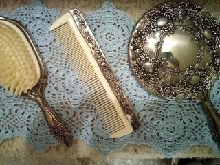 Vintage Antique Vanity Set - Mirror,  Brush,  And Comb Silver Plate