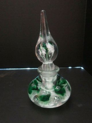 Gibson Art Glass 1995 Green & White Floral Cased 3d Perfume Bottle W Stopper