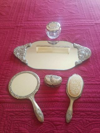 Vintage Silverplate Vanity Set Hand Mirror Brush Comb Tray Mirror Powder Jar