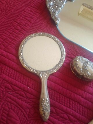 Vintage Silverplate Vanity Set Hand Mirror Brush Comb Tray Mirror Powder Jar 2