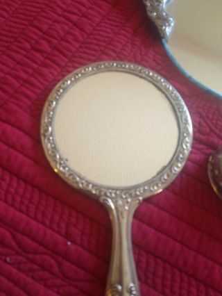 Vintage Silverplate Vanity Set Hand Mirror Brush Comb Tray Mirror Powder Jar 3
