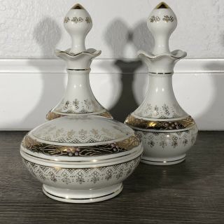 Vintage Andrea Japan White & Gold Porcelain Perfume Bottle Powder Jar Vanity Set