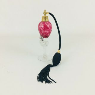 Perfume Atomizer Glass Pedestal Pink Swirl Black Pump Clear Base Art Deco
