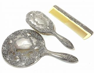Vintage Hair Brush Mirror Comb Set Silver Plated Dresser Set Victorian Style