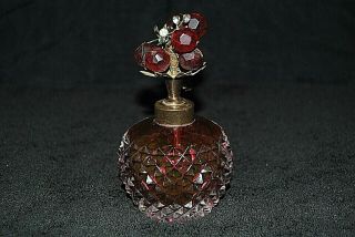 Vintage Cut Crystal Ruby Red Atomizer Perfume Bottle Jeweled Rhinestone Topper