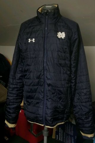 Under Armour Notre Dame Football Team Issued Blue Puffer Jacket Mens Medium