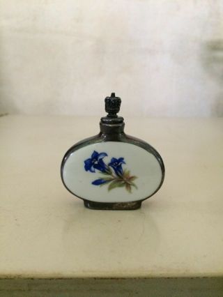 Vintage Porcelain Perfume Bottle With Blue Flowers And Crown Stopper