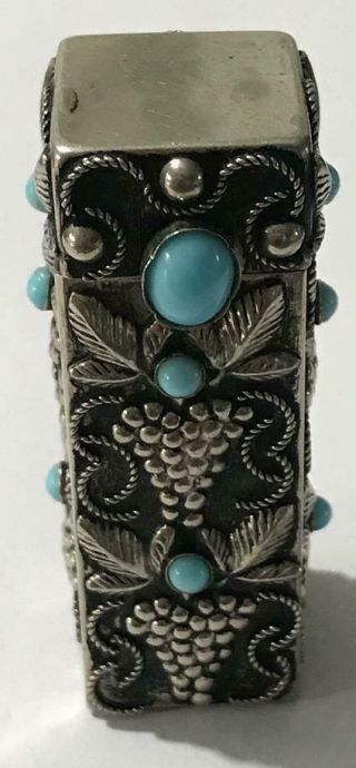 Vintage Silver Raised Grape Leaves Design Lipstick Holder Mirror Turquoise