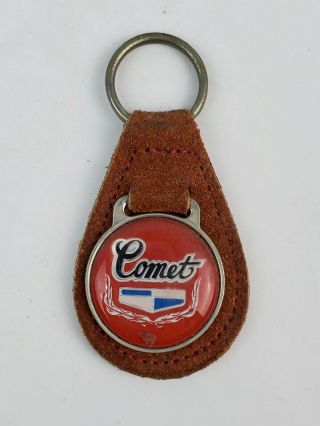Vintage Mercury Comet Logo Leather Keychain Keyring Fob Tab Brown Leather