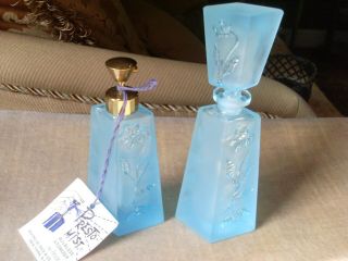 Vintage Pair Irice Blue Satin,  Intaglio Cut Glass Perfume Bottles,  Tag