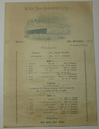 White Star Dominion Cruise Ship Lines Ss Regina 1923 Programme Program Sheet
