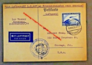 1929 - Lz 127 Graf Zeppelin 2rm Postcard Friedrichshafen Ny Interrupted Flight