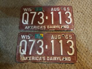 Old Vintage 1965 Wisconsin Embossed License Plates Q73 - 113 America 