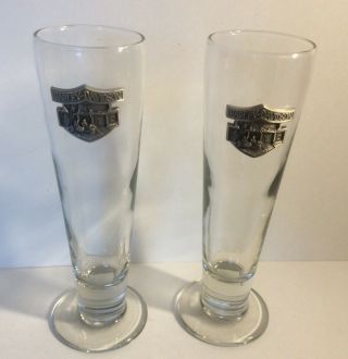Harley Davidson Vtg 90s Pilsner Beer Glass (2) Pewter Meltal Shield Logo 16oz
