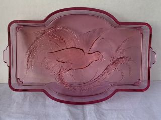 Vintage Pink Depression Glass Footed Vanity Tray With Bird And Leaves