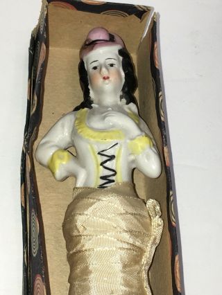Vintage Half Doll Victorian Lady Vanity Broom Japan Porcelain Rattle Japan Box